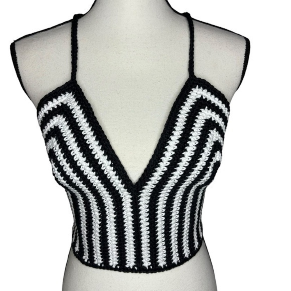 Handcrafted Crochet Cropped Crop Top Retro Striped Cotton Yarn Art Handmade Knit